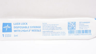 Medline SYR105217 Luer Lock Disposable 5ml Syringe w/21G x 1.5inch Ndle